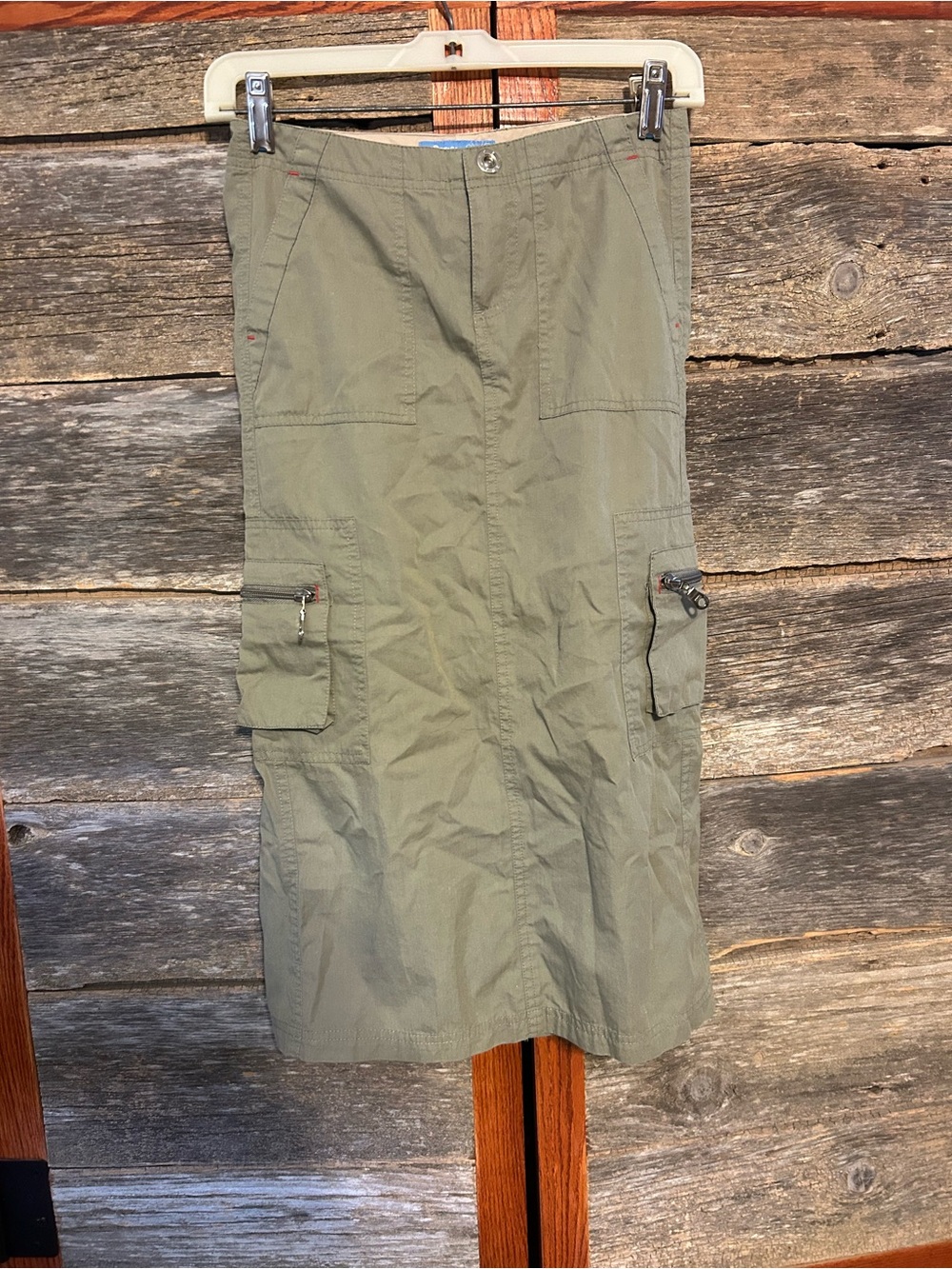 Y2K Periscope Olive Cargo Midi Skirt Zippers Pockets Size 10 High Slit in Back